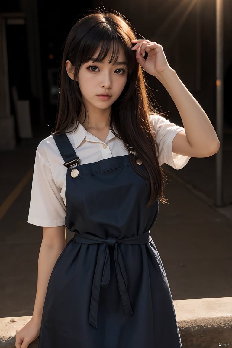 (dramatic lighting:1.2), 1girl, aged_up, solo, waist up, looking at viewer, yoru, scar on face, ringed eyes, black hair, long hair, ribbon, black ribbon, pinafore dress, black pinafore dress, black belt, , night, , upper-body, film scene, manga, anime,Chainsaw_Man,AsaYoru