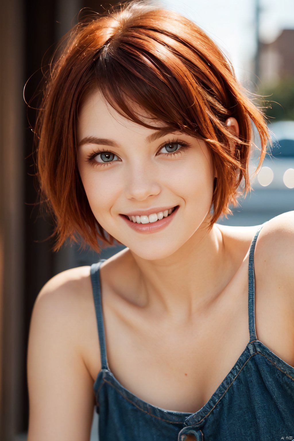 cute redhead woman with asymmetrical pixie hair cut, smile, adorable