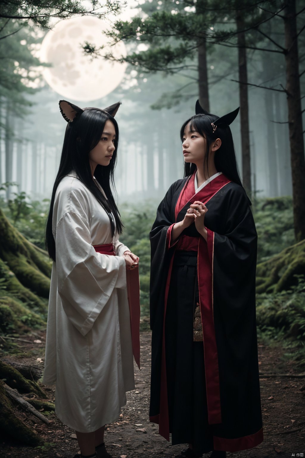 Two young yokai girls,Inugami and Shirachigo,stand together in a moonlit forest clearing. Inugami,with her long,flowing black hair and piercing red eyes,exudes an aura of malevolence,while Shirachigo,her apprentice,gazes up at her with adoration. Inugami's hand is raised,crackling with dark energy,while Shirachigo holds a delicate white lily in her hand,symbolizing purity amidst darkness. Behind them,ancient trees loom,their gnarled branches casting eerie shadows on the ground. The atmosphere is tense,hinting at the power dynamics between the two spirits. BREAK 2girls,dog ears,yokai,moonlit,forest,dark aura,red eyes,black hair,white lily,apprentice,power dynamic,tense atmosphere,eerie,shadows,crackling energy,adoration,masterpiece,best quality,very aesthetic,absurdres,