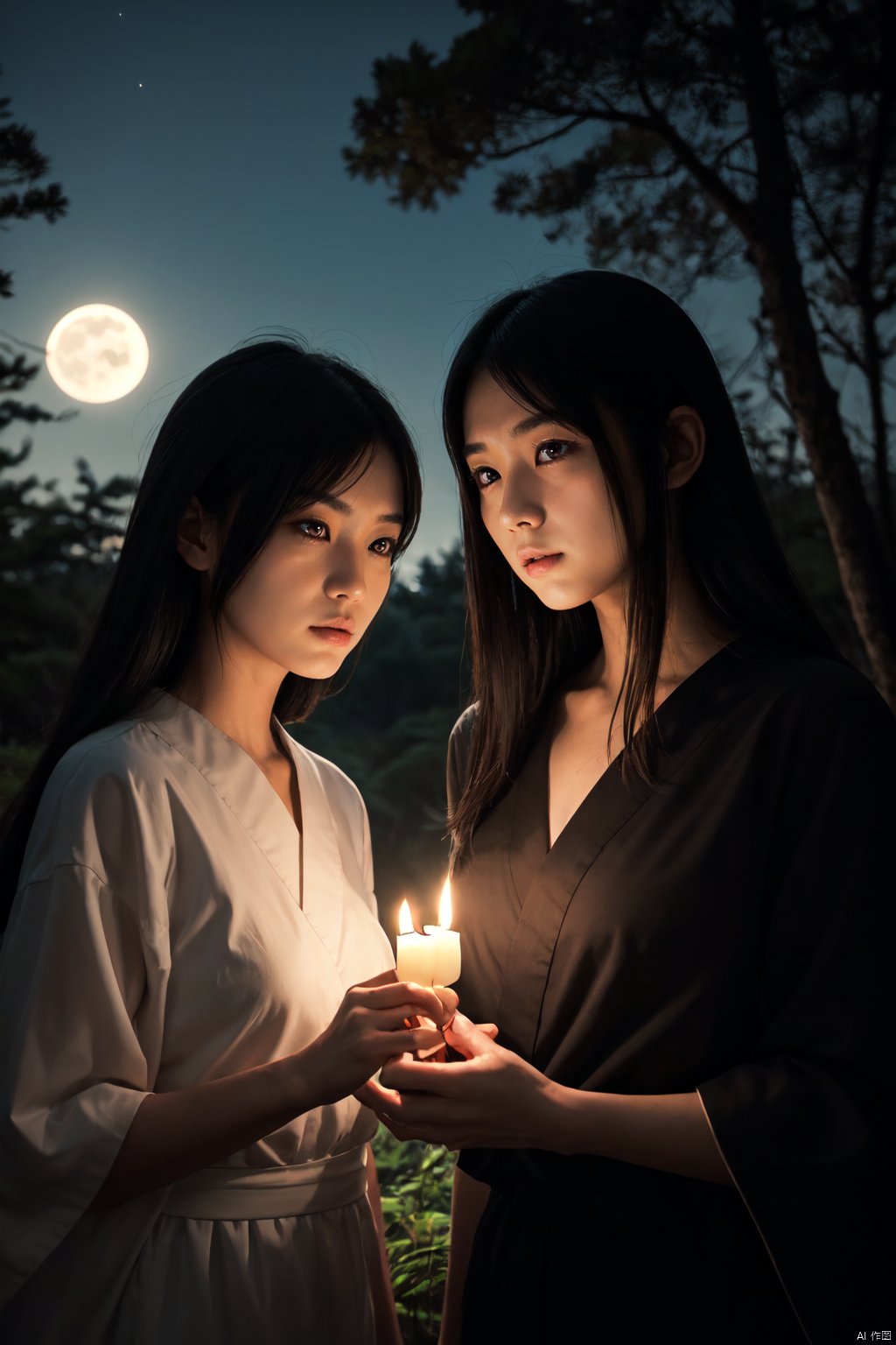 Two young yokai girls,Inugami and Shirachigo,stand together in a moonlit forest clearing. Inugami,with her long,flowing black hair and piercing red eyes,exudes an aura of malevolence,while Shirachigo,her apprentice,gazes up at her with adoration. Inugami's hand is raised,crackling with dark energy,while Shirachigo holds a delicate white lily in her hand,symbolizing purity amidst darkness. Behind them,ancient trees loom,their gnarled branches casting eerie shadows on the ground. The atmosphere is tense,hinting at the power dynamics between the two spirits. BREAK 2girls,dog ears,yokai,moonlit,forest,dark aura,red eyes,black hair,white lily,apprentice,power dynamic,tense atmosphere,eerie,shadows,crackling energy,adoration,masterpiece,best quality,very aesthetic,absurdres,