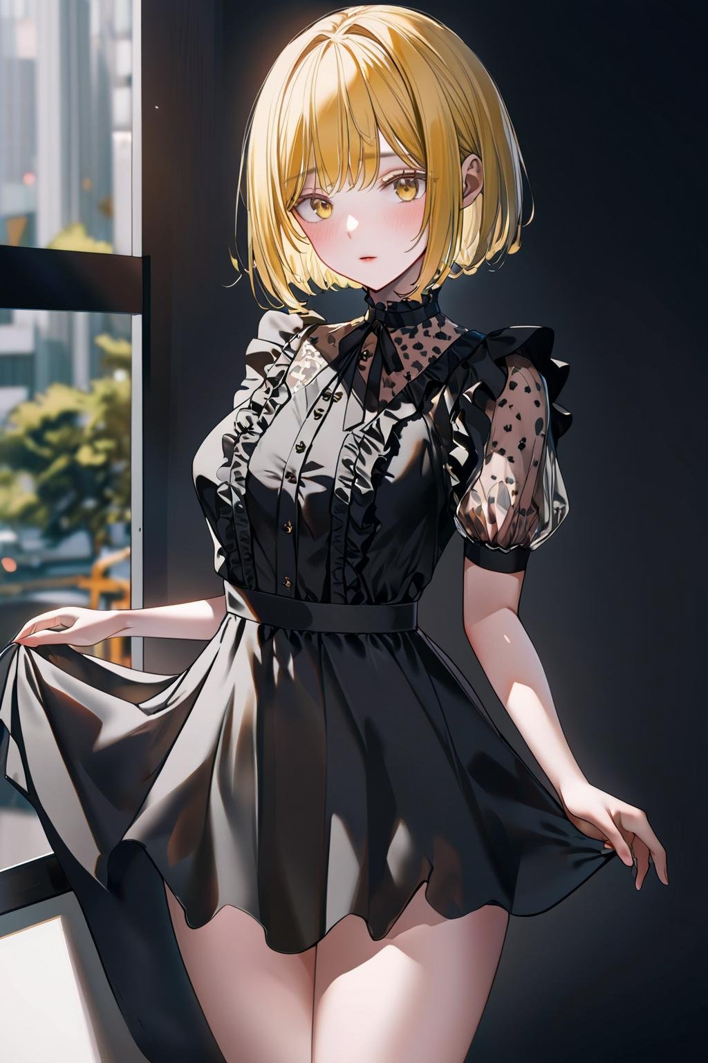 1girl, yellow hair, short hair, bob cut, black frilled blouse, cowboy shot, best quality, newest, absurdres