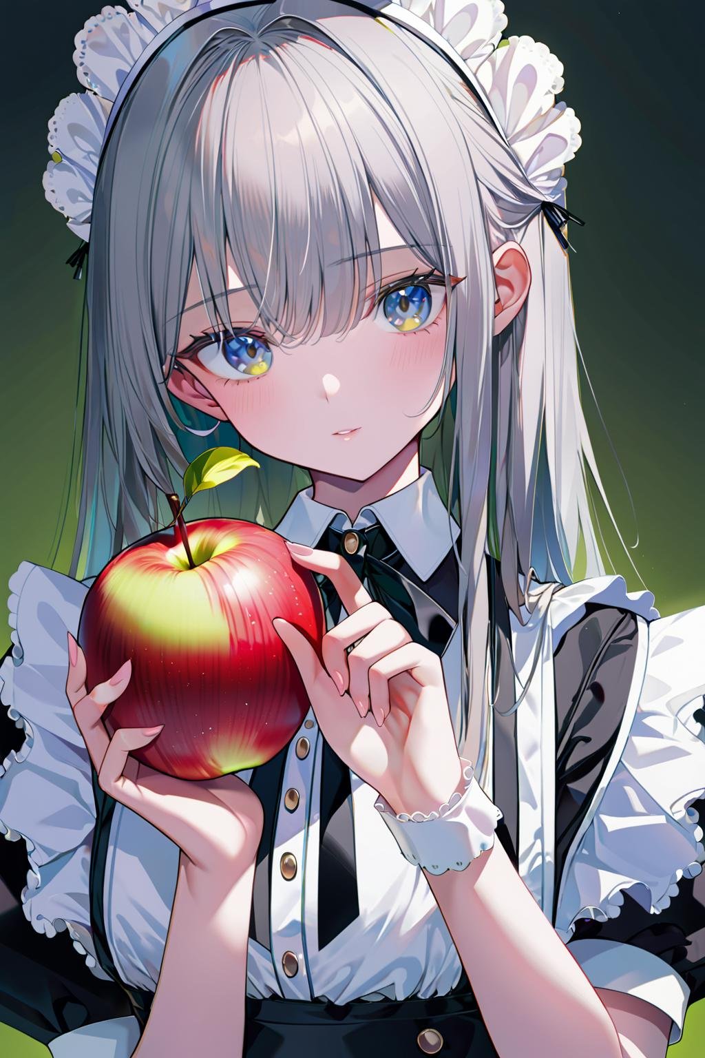 1girl, solo, Grey hair, long hair, maid's outfit, close-up of face, looking at viewer, holding apple in hand, best quality, newest, absurdres