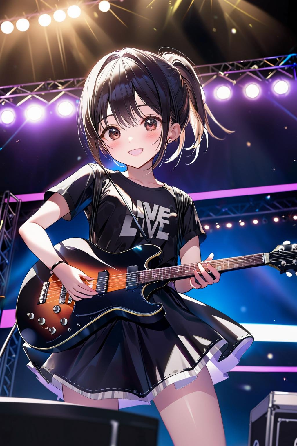 1girl, (dynamic angle), upper body, black guitar, amplifier, speaker, live stage, smile, Live festival, school, Shining Lighting, best quality, newest, absurdres