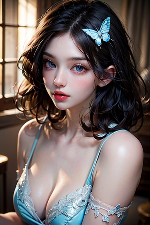 masterpiece, high quality, beautiful, seductive, beautiful face, (detailed face: 1.2), (animated: 1.2), hyper detailed, best quality, ultra high resolution, photorealistic, high resolution, detailed , raw photo, 

Mixbeauty, Perfect face, oval face ,19 year old girl, long thick black hair ,light vibrant blue eyes, long eyelashes,sexy lips, pale skin,perfect,  Butterfly_haircut, Nice legs and hot body

((Standing)) , wearing babycon dress,Btflyhaircut