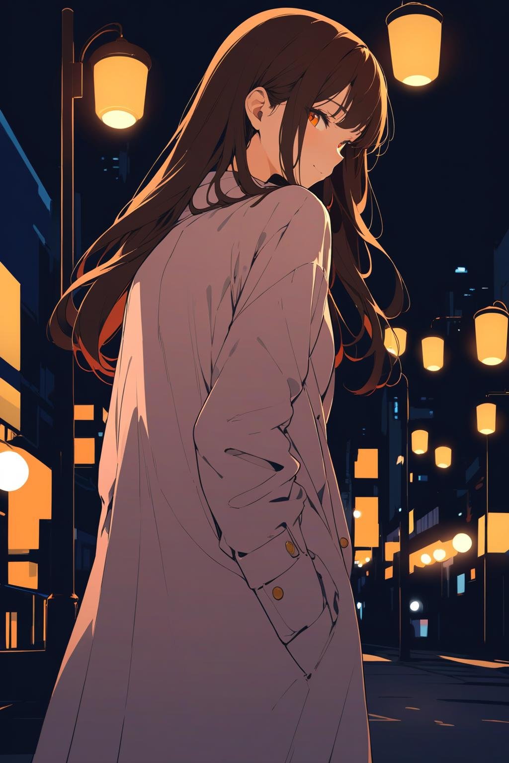 (masterpiece, ultra high res, best quality), (flat color), 1girl, solo, teen, cowboy shot, (depth of field:1.2), (night), (long coat), downtown, (street light:1.1), (Fantastic lighting), looking at viewer, black hair, long hair, [smile], (Closed mouth)