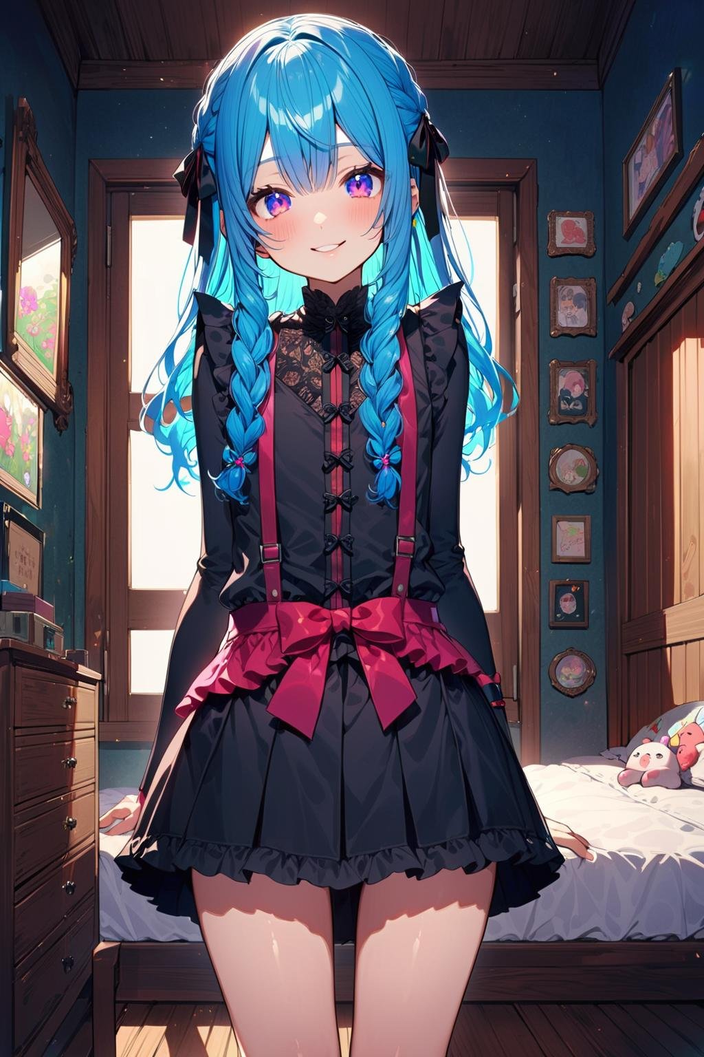 1boy, solo, kawaii, blue hair, extremely detailed, beautiful detailed, in room, {otokonoko, virtual youtuber}, cowboy shot, smile, Gothic tone, looking at viewer,