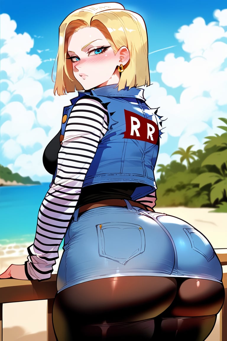 score_9 score_8_up, score_7_up, score_6_up, score_5_up, score_4_up, 1girl, solo, breasts, looking at viewer, blush, short hair, blue eyes, skirt, blonde hair, large breasts, shirt, long sleeves, jewelry, jacket, ass, pantyhose, thighs, earrings, outdoors, sky, day, looking back, cloud, from behind, vest, blue sky, black pantyhose, ocean, beach, thick thighs, denim, wide hips, ass focus, huge ass, denim skirt, striped sleeves, android 18
