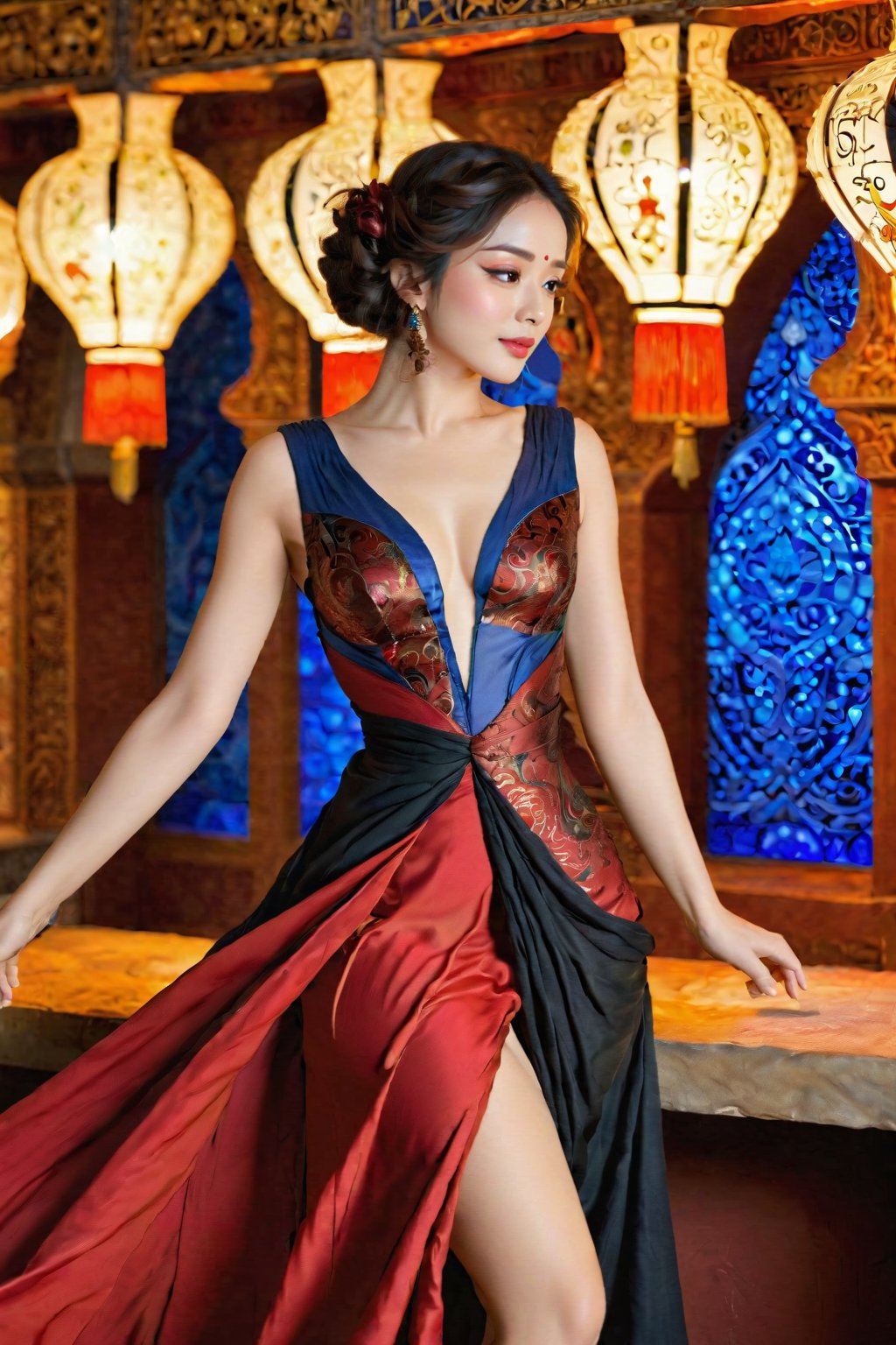 A realistically detailed, beautiful girl wearing a chic red and black party dress gleams beneath the dynamic shimmer of intricate conceptual lamps, crafted from organic Art-Nouveau curves and fluid forms that cascade over her form, stabilizing the scene in an ever-evolving fashion dreamland. With molten ruby-maroon tones igniting her attire and ripe sapphire temps seeping through to else salvage gentle licks at her trim waist, each dignified fold clings to the low gradients of a light-catching fabric that swirls lusciously into the arms of spectral background features, reflecting numerous indices of shifting, abstract dimensions consecrated through mirror-plane spaces conceptualized by Scheherazade's philosophy of transcient elegance and Scheherazade's creative labor of illuminated literati manuscript signs. Narratives of transcient}. Let me know if you need further clarifications :)

A realistically detailed, beautiful girl wearing a chic red and black party dress is surrounded by intricate, shimmering Art-Nouveau lamps that cast dynamic, fluid shadows upon her form, as luscious ruby-maroon and sapphire blue hues swirl around her figure and take root in the cinematic conceptual spaces around her. Each subtle curve of her elegant body is crisply yet organically rendered, a harmonious contrast to the multidimensional, transcient surroundings that artfully embrace her essence as a beacon of fashionable allure, forever transforming with the alternating flows of dazzling, abstract dreamscapes conceptualized by the timeless imagination of Scheherazade's Scheherazadean labor of illuminated manuscripts.