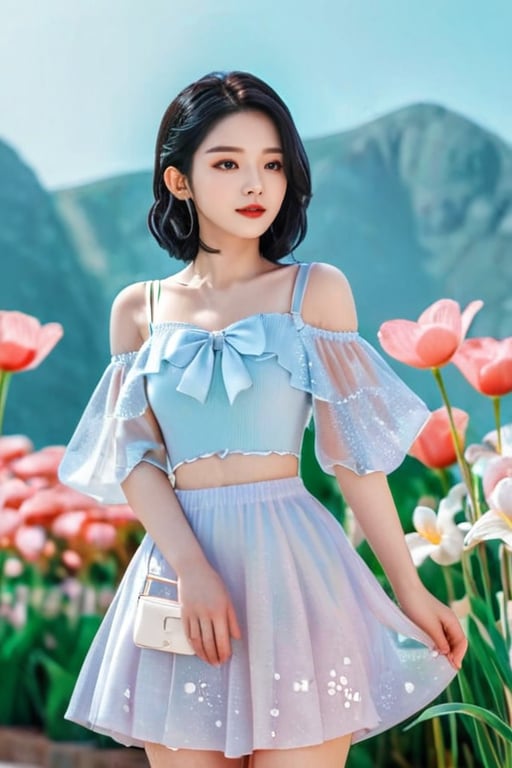 1girl , black hair, random hairstyle, beauty is standing on the flower,the facial details are perfect,and the character details are exquisite,trendy fashion clothes,trendy portraits,bright colors,clean background,3D cartoon style rendering,Panoramic view,large aperture,pop Mart production,delicate gloss,8K gradient translucent glass melt,frosted glass