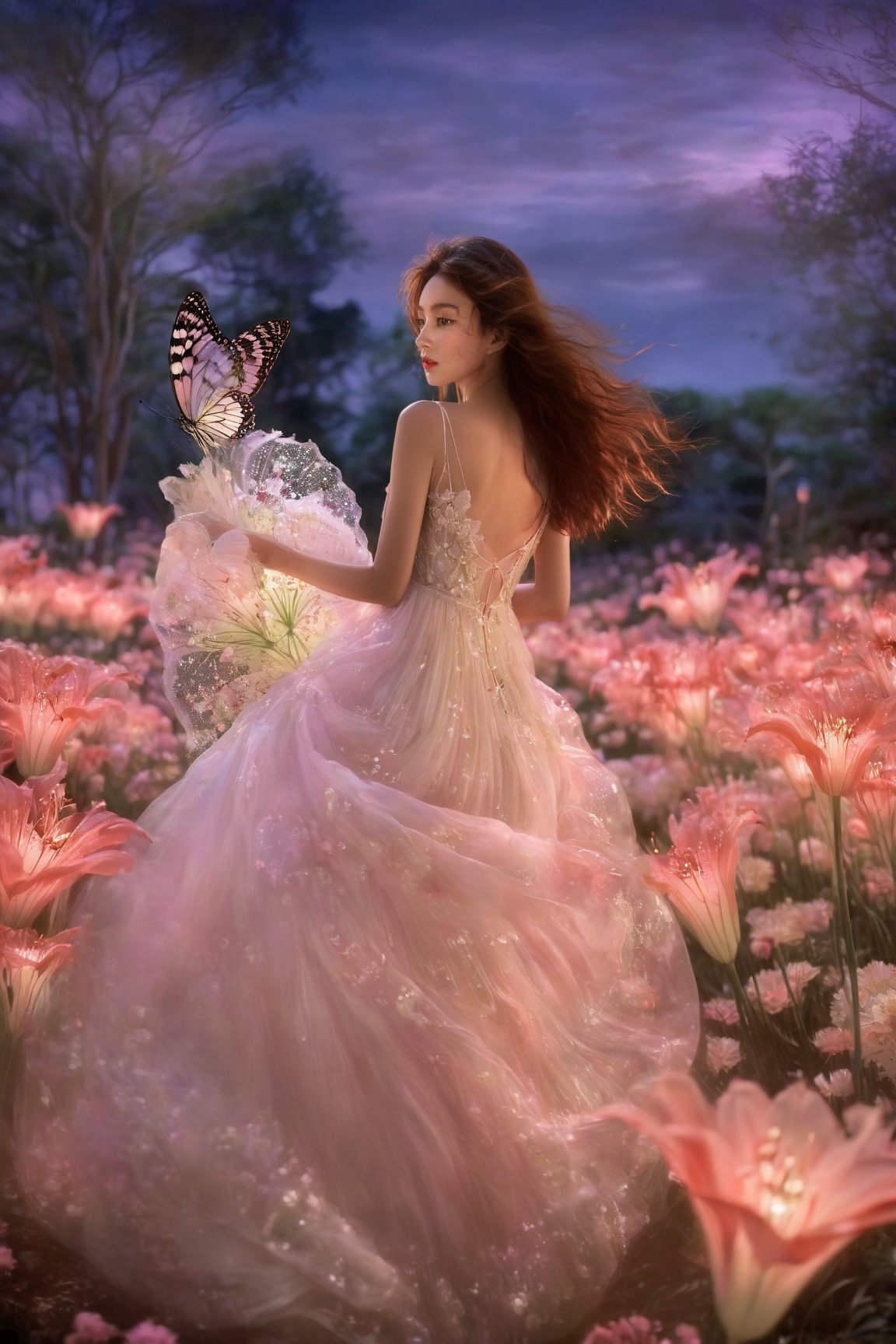 1girl, full body, high detailed, ultra realistic,  Bathed in ethereal moonlight, a figure stands amidst a field of spider lilies, their crimson whispers echoing the sorrow in their eyes. Butterflies, fragile yet determined, flutter around them, drawn to the moonlit beauty and silent lament. (Focus on melancholic ambiance, contrasting colors, and the butterfly's symbolic hope), Movie Still,Amethyst 