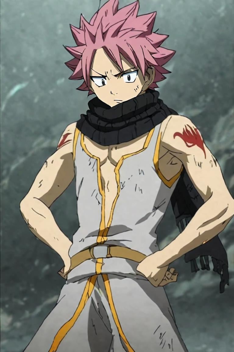 score_9, score_8_up, score_7_up, score_6_up, score_5_up, score_4_up, BREAK source_anime, anime screencap, anime coloring, official style, , , depth of field, 1boy, solo, male focus, <lora:natsu_dragneel_pony:0.92>, natsu_dragneel, pink hair, black eyes, spiked hair, tattoo, scarf, zombie costume, science fiction time travel, Hands on the waist, conveying authority, <lora:sdxl_lightning_8step_lora:1>