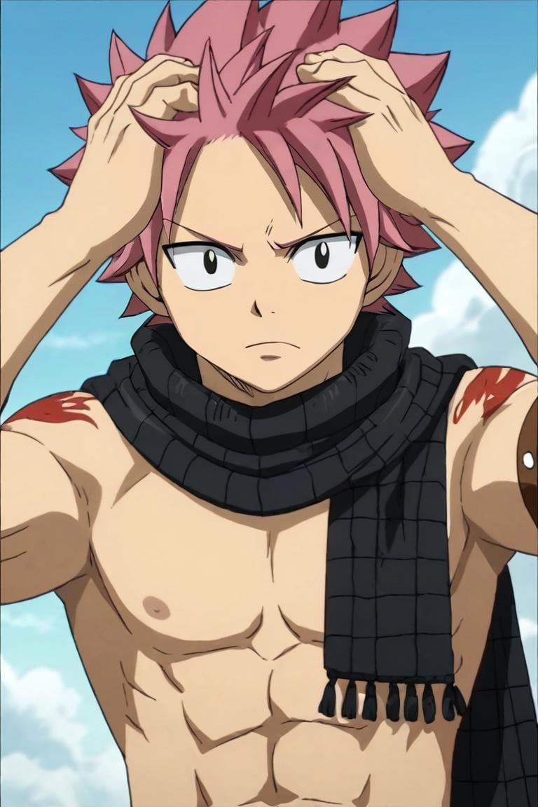 score_9, score_8_up, score_7_up, score_6_up, score_5_up, score_4_up, BREAK source_anime, anime screencap, , official style, looking at viewer, upper body, , 1boy, solo, male focus, <lora:natsu_dragneel_pony:0.9>, natsu_dragneel, pink hair, black eyes, spiked hair, tattoo, scarf, camo costume, fall, Hands on head, displaying frustration, <lora:sdxl_lightning_8step_lora:1>