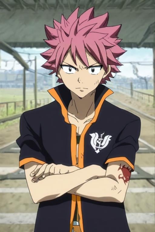 score_9, score_8_up, score_7_up, score_6_up, score_5_up, score_4_up, BREAK source_anime, anime screencap, , , , upper body, depth of field, 1boy, solo, male focus, <lora:natsu_dragneel_pony:0.8>, natsu_dragneel, pink hair, black eyes, spiked hair, tattoo, , , railroad crossing, Hands on heart, showing sincerity, <lora:sdxl_lightning_8step_lora:1>