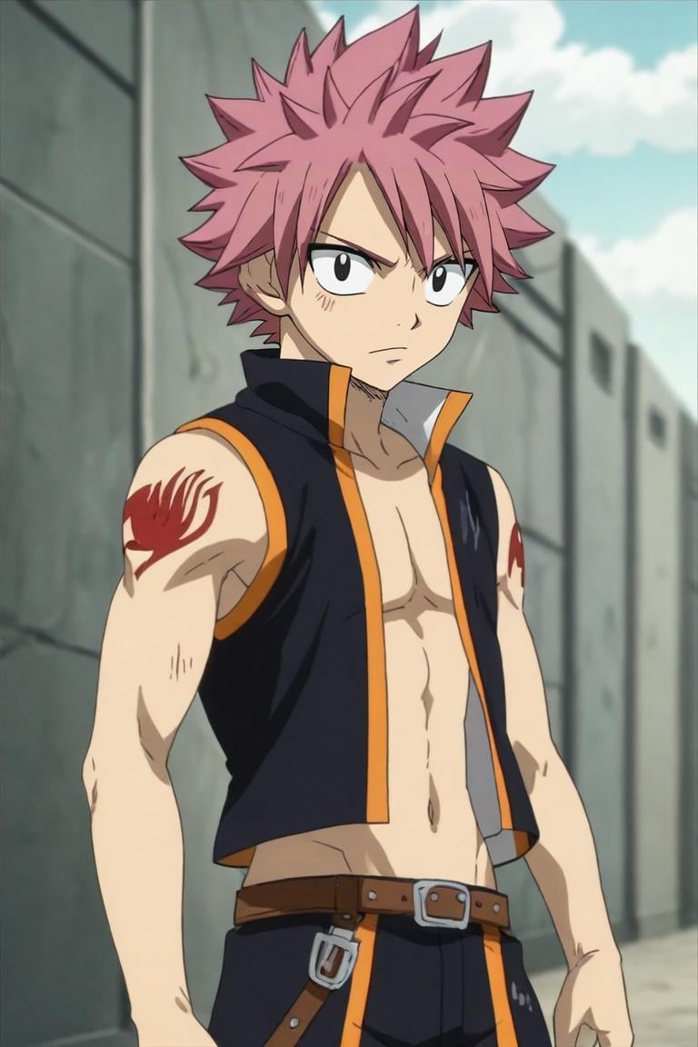 score_9, score_8_up, score_7_up, score_6_up, score_5_up, score_4_up, BREAK source_anime, anime screencap, anime coloring, official style, looking at viewer, , depth of field, 1boy, solo, male focus, <lora:natsu_dragneel_pony:0.9>, natsu_dragneel, pink hair, black eyes, spiked hair, tattoo, , , science fiction horror, , <lora:sdxl_lightning_8step_lora:1>