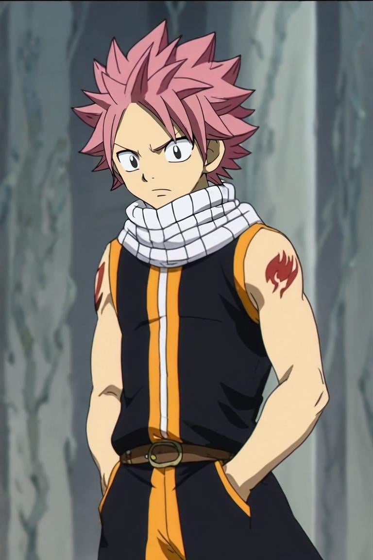 score_9, score_8_up, score_7_up, score_6_up, score_5_up, score_4_up, BREAK source_anime, anime screencap, anime coloring, official style, , , depth of field, 1boy, solo, male focus, <lora:natsu_dragneel_pony:0.96>, natsu_dragneel, pink hair, black eyes, spiked hair, tattoo, scarf, jester costume, soft science fiction, Hands in pockets, displaying a casual attitude, <lora:sdxl_lightning_8step_lora:1>