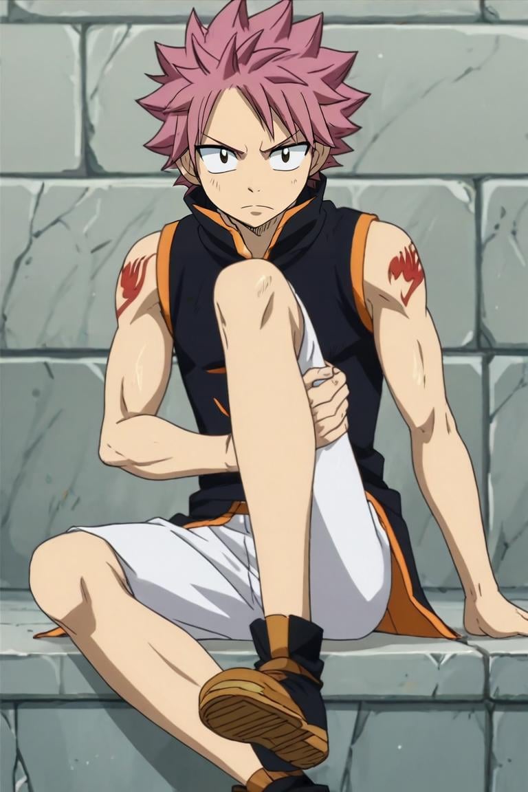 score_9, score_8_up, score_7_up, score_6_up, score_5_up, score_4_up, BREAK source_anime, anime screencap, anime coloring, , , , , 1boy, solo, male focus, <lora:natsu_dragneel_pony:0.9>, natsu_dragneel, , , , Sitting with legs crossed, appearing relaxed and open-minded, <lora:sdxl_lightning_8step_lora:1>