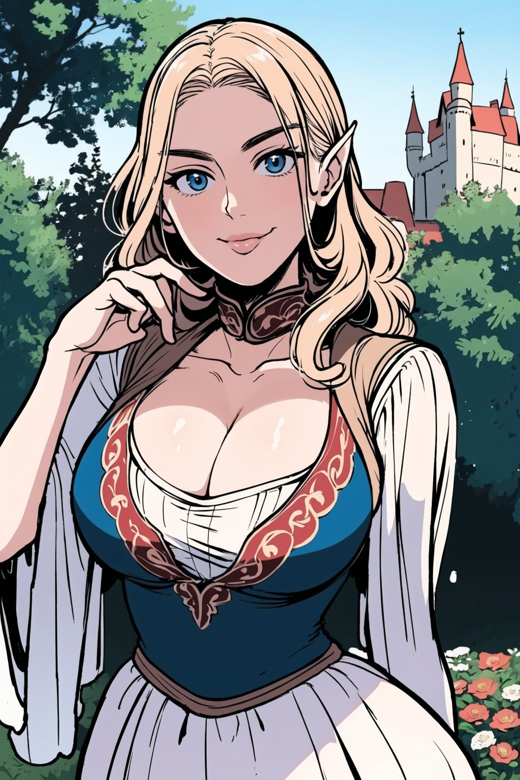 woman\(20 year old, elf Flieger, young, long blonde curly hair, blue eyes, wearing white dress, pouty lips, large cleavage\), standing, staring at you seductively with a smile on her face, upper body, background(day, outdoor, sky, sun, castle, flowers, trees) (masterpiece, highres, high quality:1.2), ambient occlusion, outstanding colors, low saturation,High detailed, Detailedface, Dreamscape
