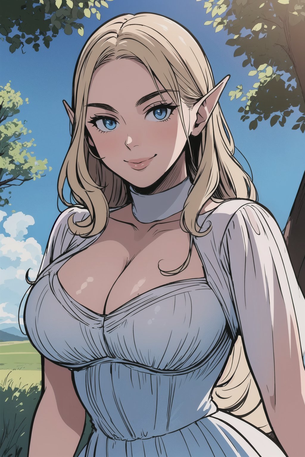 woman\(20 year old, elf Flieger, young, long blonde curly hair, blue eyes, wearing white dress, pouty lips, large cleavage\), standing, staring at you seductively with a smile on her face, upper body, background(day, outdoor, sky, sun, castle, flowers, trees) (masterpiece, highres, high quality:1.2), ambient occlusion, outstanding colors, low saturation,High detailed, Detailedface, Dreamscape