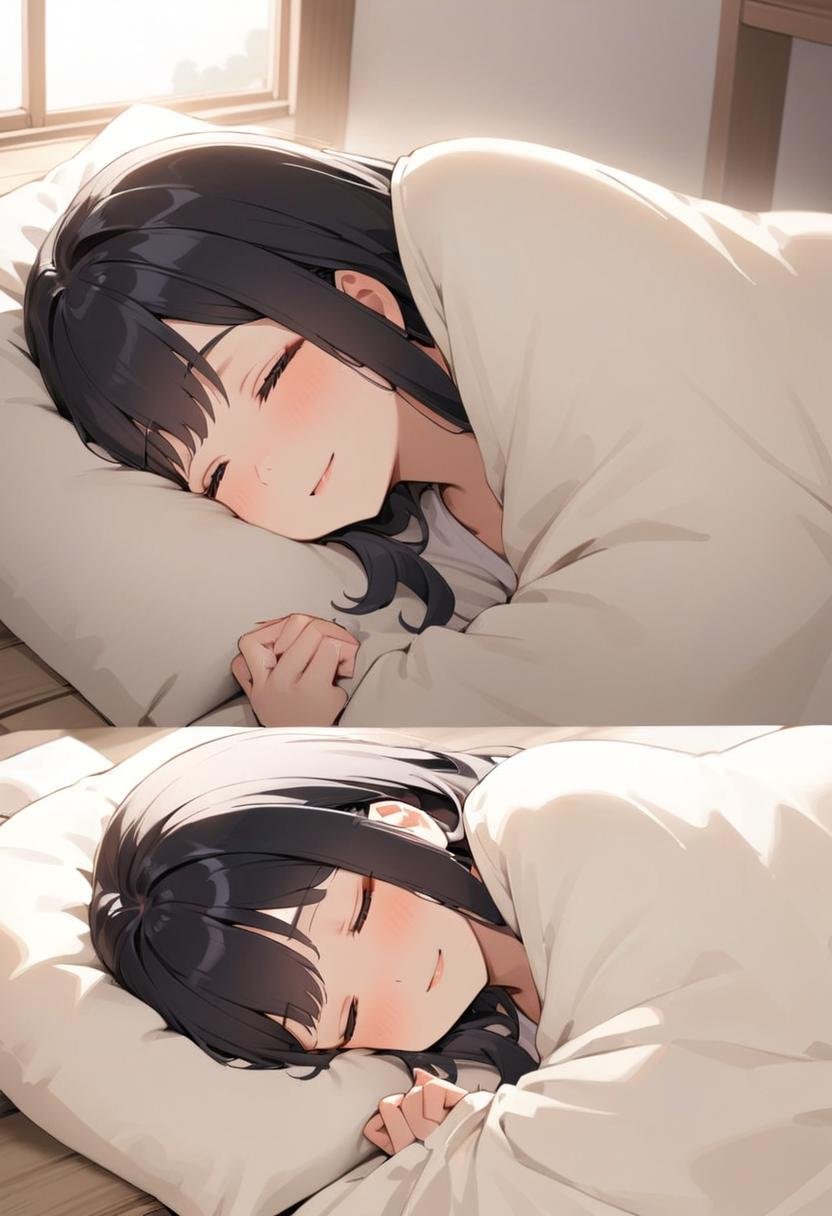 1girl, black hair, long hair, happy, light smile, futon, pillow, closed eyes, bed, sleeping, lying, under covers, blanket, masterpiece, best quality, ultra-detailed, illustration,<lora:kakebuton_SDXL_V1:0.8>