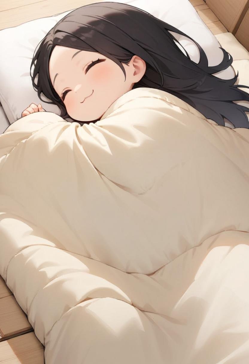 masterpiece, best quality, very aesthetic, absurdres,1girl, chibi, solo, black hair, long hair, happy, smile, :3, futon, pillow, closed eyes, bed, sleeping, lying, under covers, blanket,<lora:kakebuton_SDXL_V1:0.8>