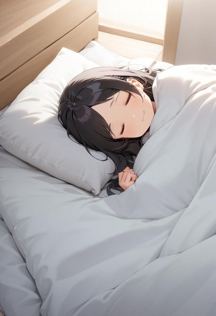 1girl, black hair, long hair, happy, light smile, futon, pillow, closed eyes, bed, sleeping, lying, under covers, blanket, masterpiece, best quality, ultra-detailed, illustration,<lora:kakebuton_SDXL_V1:0.8>