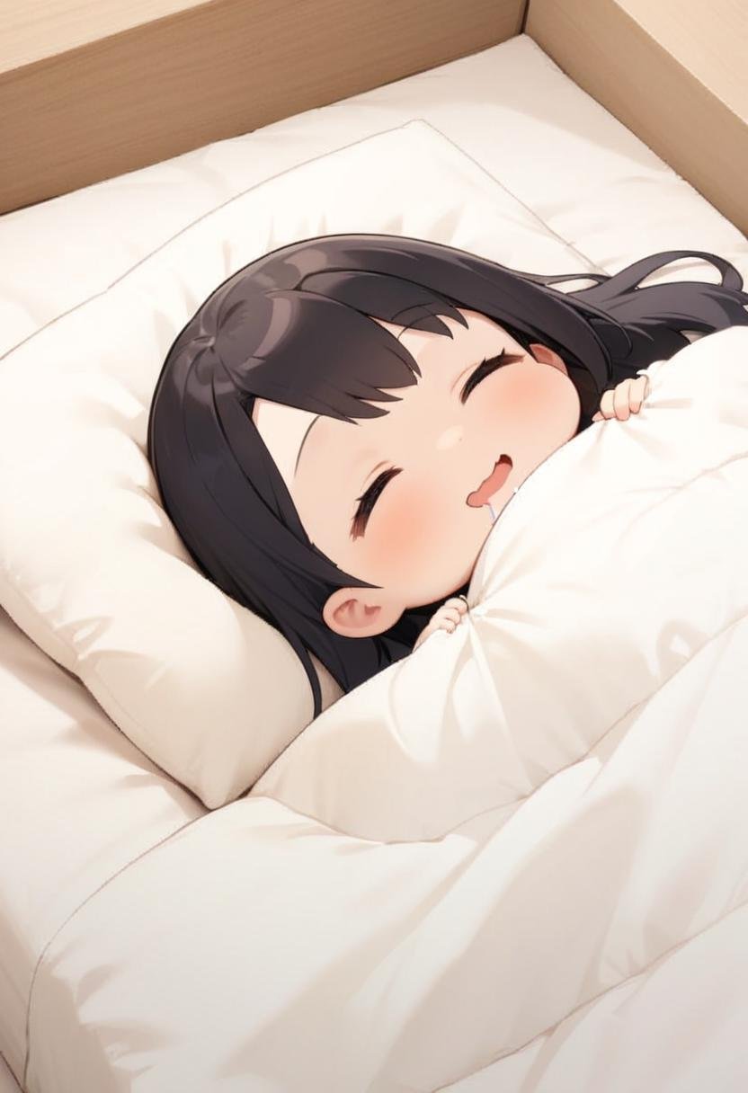 masterpiece, best quality, very aesthetic, absurdres,1girl, chibi, solo, black hair, long hair, happy, smile, drooling, wavy mouth, futon, pillow, closed eyes, bed, sleeping, lying, under covers, blanket,<lora:kakebuton_SDXL_V1:0.8>