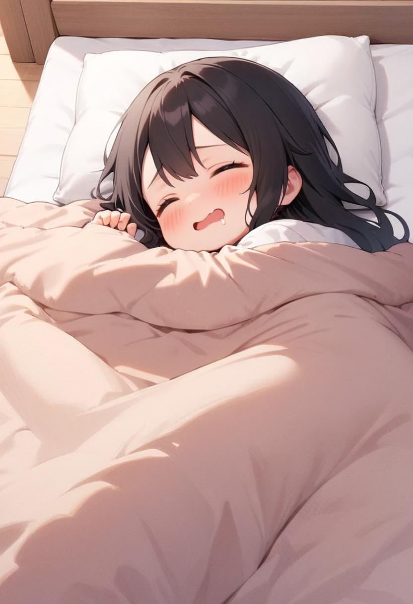 masterpiece, best quality, very aesthetic, absurdres,1girl, chibi, solo, black hair, long hair, happy, embarrassed, drooling, wavy mouth, futon, pillow, closed eyes, bed, sleeping, lying, under covers, blanket,<lora:kakebuton_SDXL_V1:0.8>