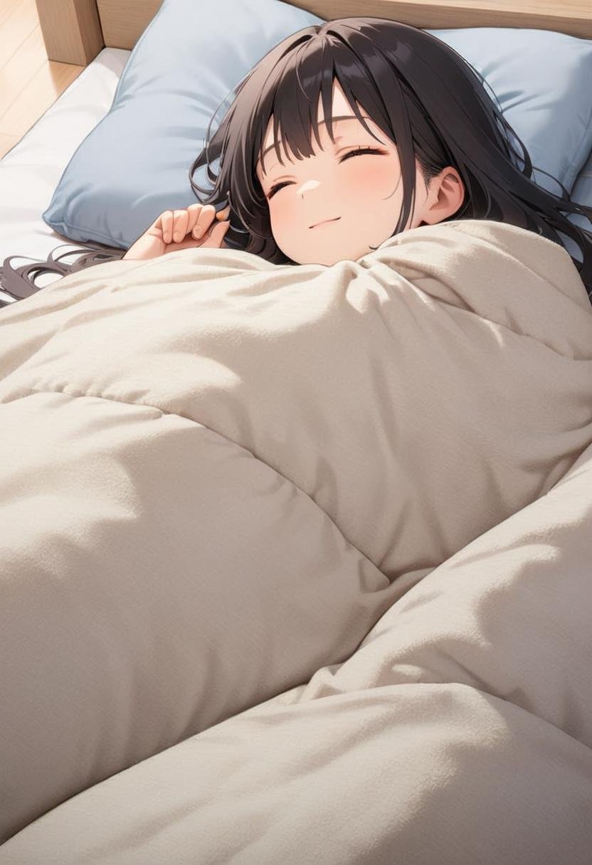 1girl, black hair, long hair, happy, light smile, futon, pillow, closed eyes, bed, sleeping, lying, under covers, blanket, masterpiece, best quality, ultra-detailed, illustration,<lora:kakebuton_SDXL_V1:0.8>