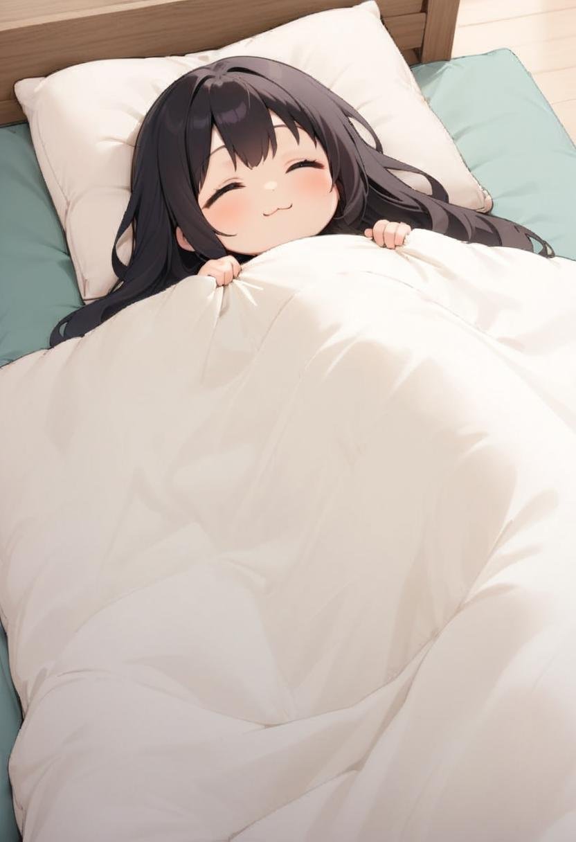 masterpiece, best quality, very aesthetic, absurdres,1girl, chibi, solo, black hair, long hair, happy, smile, :3, futon, pillow, closed eyes, bed, sleeping, lying, under covers, blanket,<lora:kakebuton_SDXL_V1:0.8>