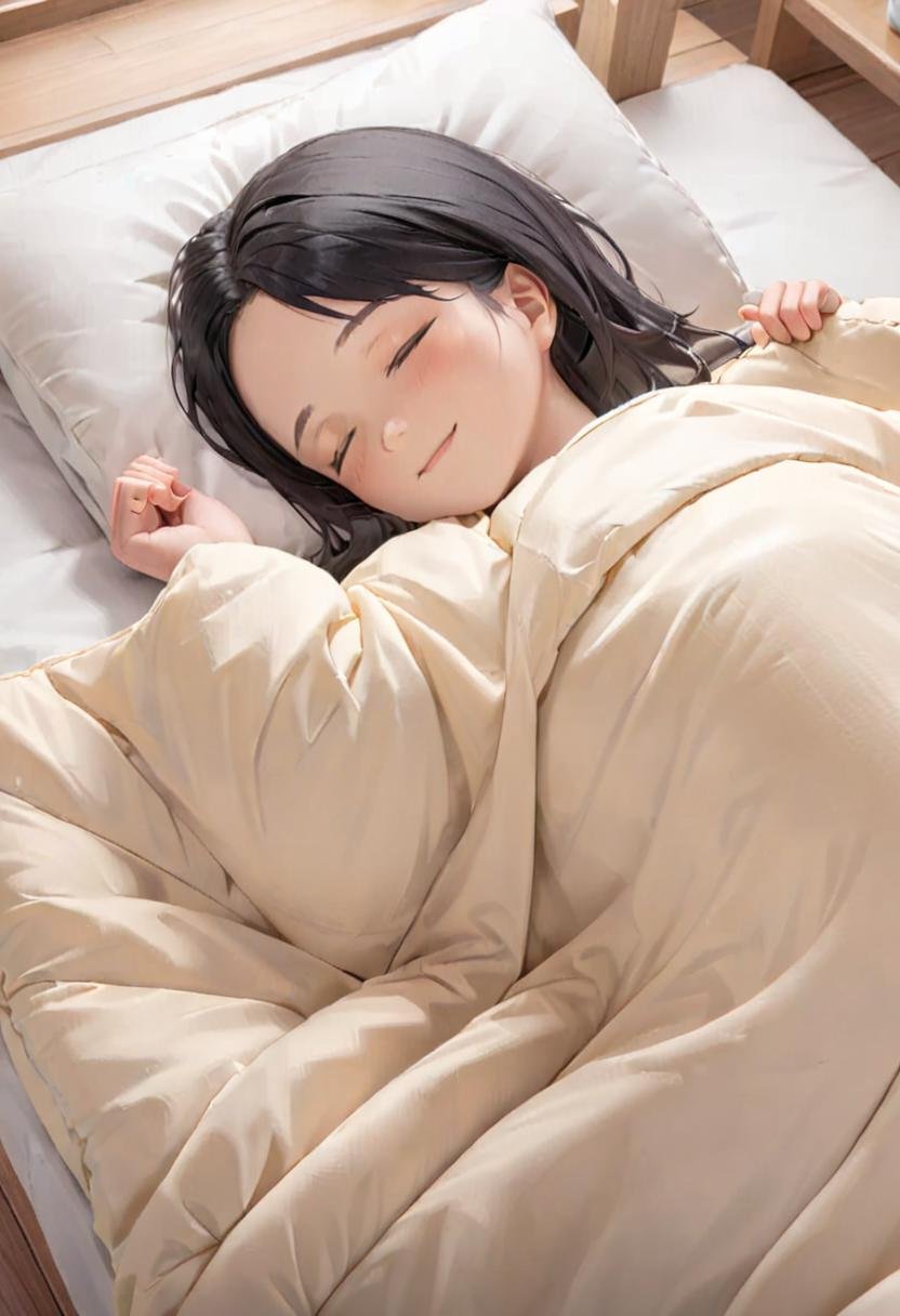 1girl, black hair, long hair, happy, light smile, futon, pillow, closed eyes, bed, sleeping, lying, under covers, blanket, masterpiece, best quality, ultra-detailed, illustration,<lora:kakebuton_SDXL_V1:0.8>