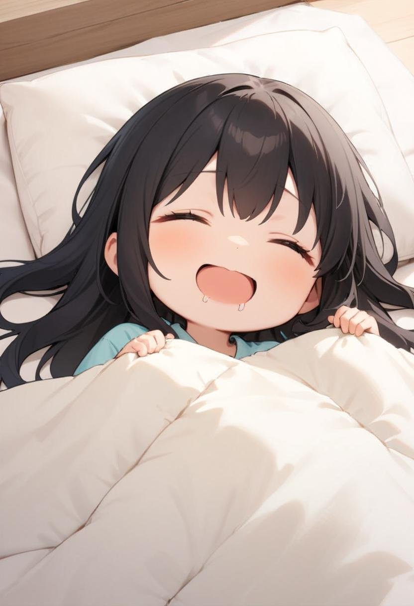masterpiece, best quality, very aesthetic, absurdres,1girl, chibi, solo, black hair, long hair, happy, smile, drooling, wavy mouth, futon, pillow, closed eyes, bed, sleeping, lying, under covers, blanket,<lora:kakebuton_SDXL_V1:0.8>