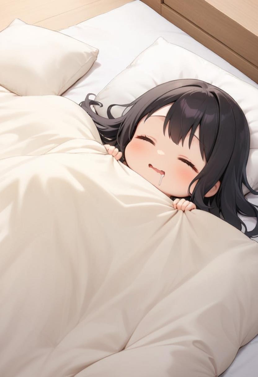masterpiece, best quality, very aesthetic, absurdres,1girl, chibi, solo, black hair, long hair, happy, smile, drooling, wavy mouth, futon, pillow, closed eyes, bed, sleeping, lying, under covers, blanket,<lora:kakebuton_SDXL_V1:0.8>