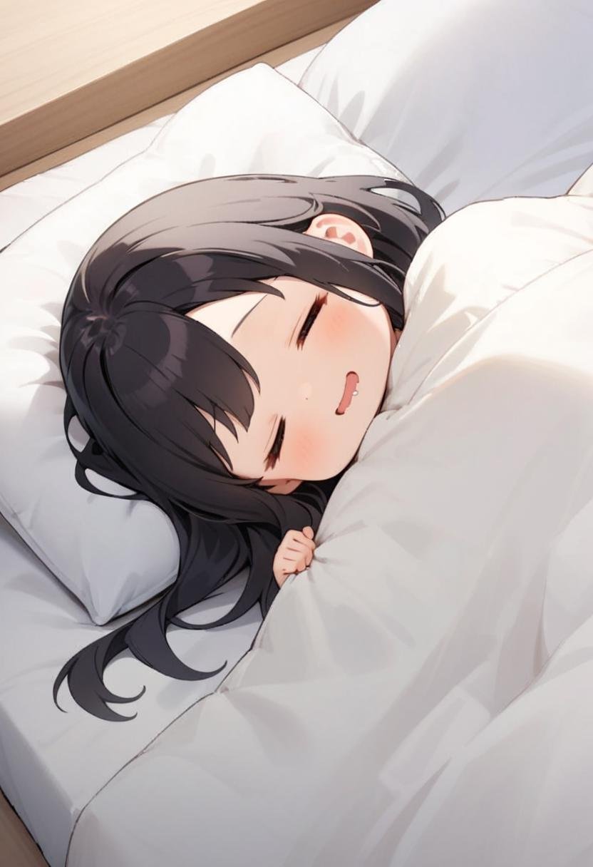 masterpiece, best quality, very aesthetic, absurdres,1girl, chibi, solo, black hair, long hair, happy, smile, drooling, wavy mouth, futon, pillow, closed eyes, bed, sleeping, lying, under covers, blanket,<lora:kakebuton_SDXL_V1:0.8>