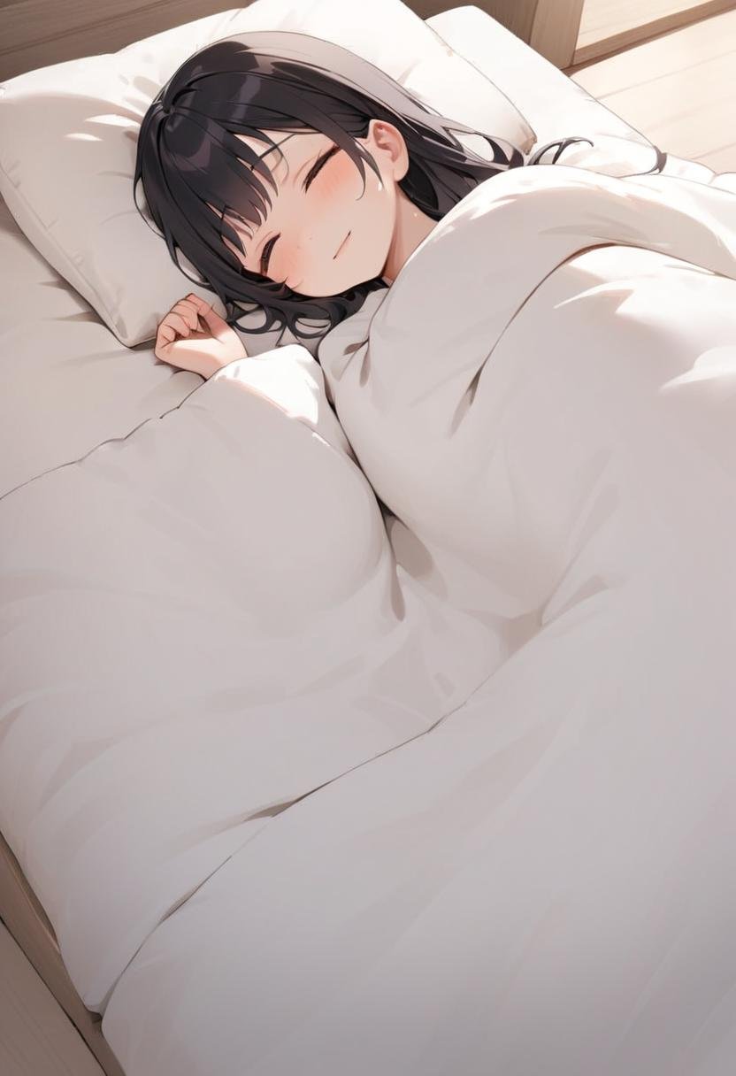 1girl, black hair, long hair, happy, light smile, futon, pillow, closed eyes, bed, sleeping, lying, under covers, blanket, masterpiece, best quality, ultra-detailed, illustration,<lora:kakebuton_SDXL_V1:0.8>