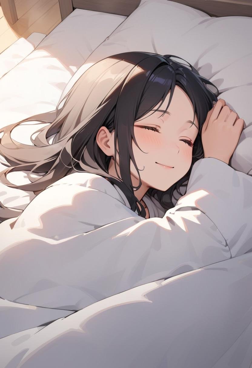 1girl, black hair, long hair, happy, light smile, futon, pillow, closed eyes, bed, sleeping, lying, under covers, blanket, masterpiece, best quality, ultra-detailed, illustration,<lora:kakebuton_SDXL_V1:0.8>