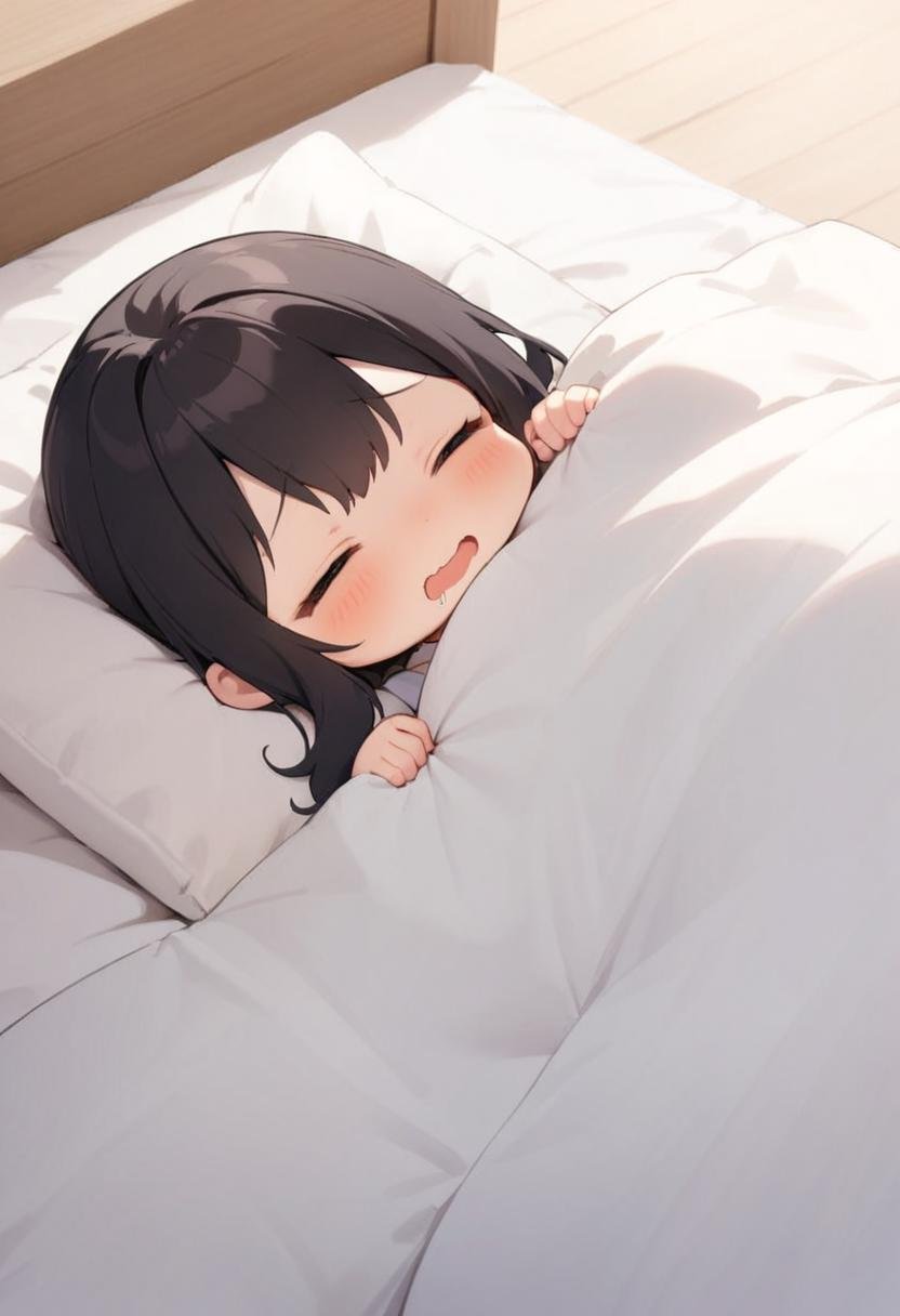 masterpiece, best quality, very aesthetic, absurdres,1girl, chibi, solo, black hair, long hair, happy, embarrassed, drooling, wavy mouth, futon, pillow, closed eyes, bed, sleeping, lying, under covers, blanket,<lora:kakebuton_SDXL_V1:0.8>