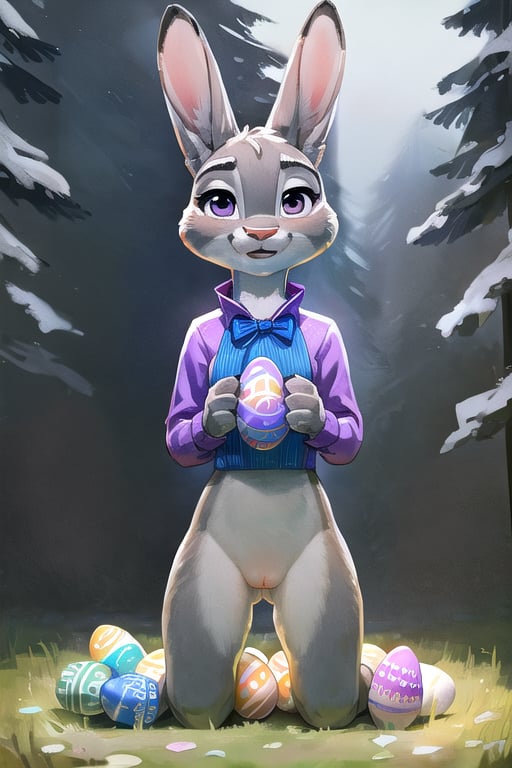 
furry, anthro, zaush, furry, anthro, Judy Hopps, solo, show accurate, anthro, female, easter, sexy bunny suit, holding a easter egg backet, ((( stuffing Easter egg and pussy))), The artwork should be detailed, digital painting style, with a soft and colorful palette reminiscent of the holiday season. Created by renowned artists known for their character design such as Sakimichan, Stanley Lau (Artgerm), and Wenqing Yan (Yuumei). Rendered in high resolution for optimal viewing experience. score_9, score_8_up,