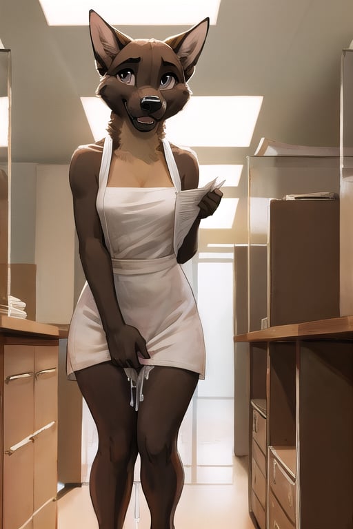 
furry, anthro, zaush, furry, anthro, German Shepherd, female, in office, small breast flat chest, wearing suit dress, bending over picking up paper,(( pussy and ass showing)), looking over shoulder pussy towards viewer, scared and surprised expression, ears down, looking at viewer, (((viewed from behind)) standing overviewer pussy dripping cum,caught naked pose