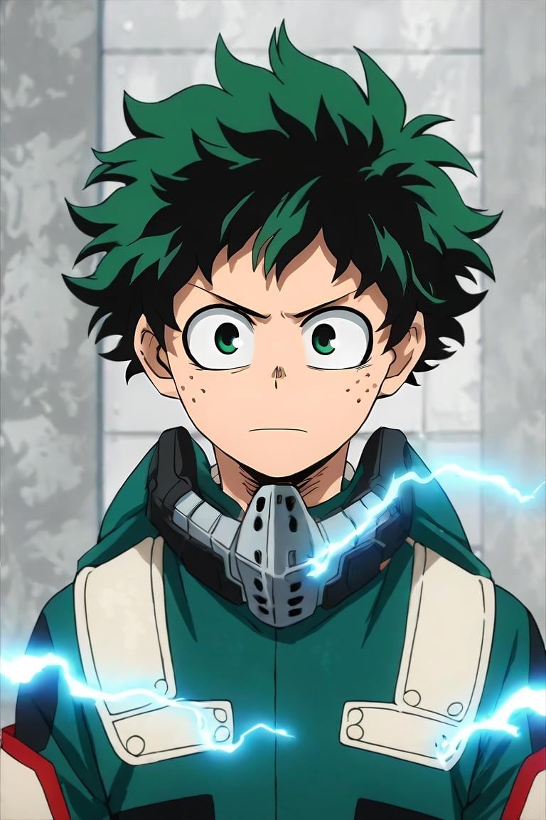 score_9, score_8_up, score_7_up, score_6_up, score_5_up, score_4_up, BREAK source_anime, anime screencap, , , looking at viewer, upper body, depth of field, 1boy, solo, male focus, <lora:izuku_midoriya_pony:0.86>, izuku_midoriya, green hair, green eyes, short hair, freckles, electricity, gorilla costume, science fiction soft science fiction, , <lora:sdxl_lightning_8step_lora:1>