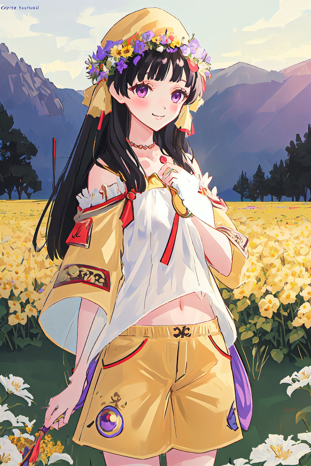 SophieOutfit,alternate costume,yellow shorts,white shirt,midriff,pearl collar,yellow hat with flower ornaments, sunset,flower field, smiling,best quality, masterpiece,expressive eyes, perfect face,complex, dramatic lighting, rim lighting,black hair, very long hair, purple eyes, hands clasped together, blush,