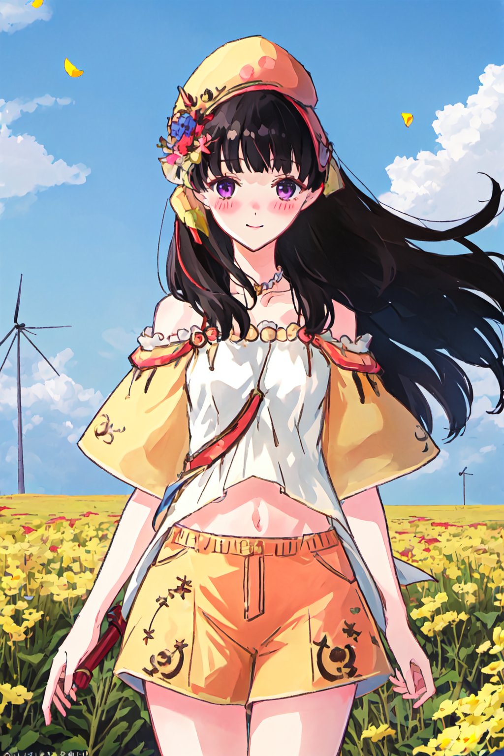 looking at viewer,SophieOutfit,alternate costume,yellow shorts,white shirt,midriff,pearl collar,yellow hat with flower ornaments, sunset,flower field, smiling,best quality, masterpiece,expressive eyes, perfect face,complex, dramatic lighting, rim lighting,black hair, very long hair, purple eyes, (((hand over ear,hand moving hair, blush,wind blowing hair))),aesthetic