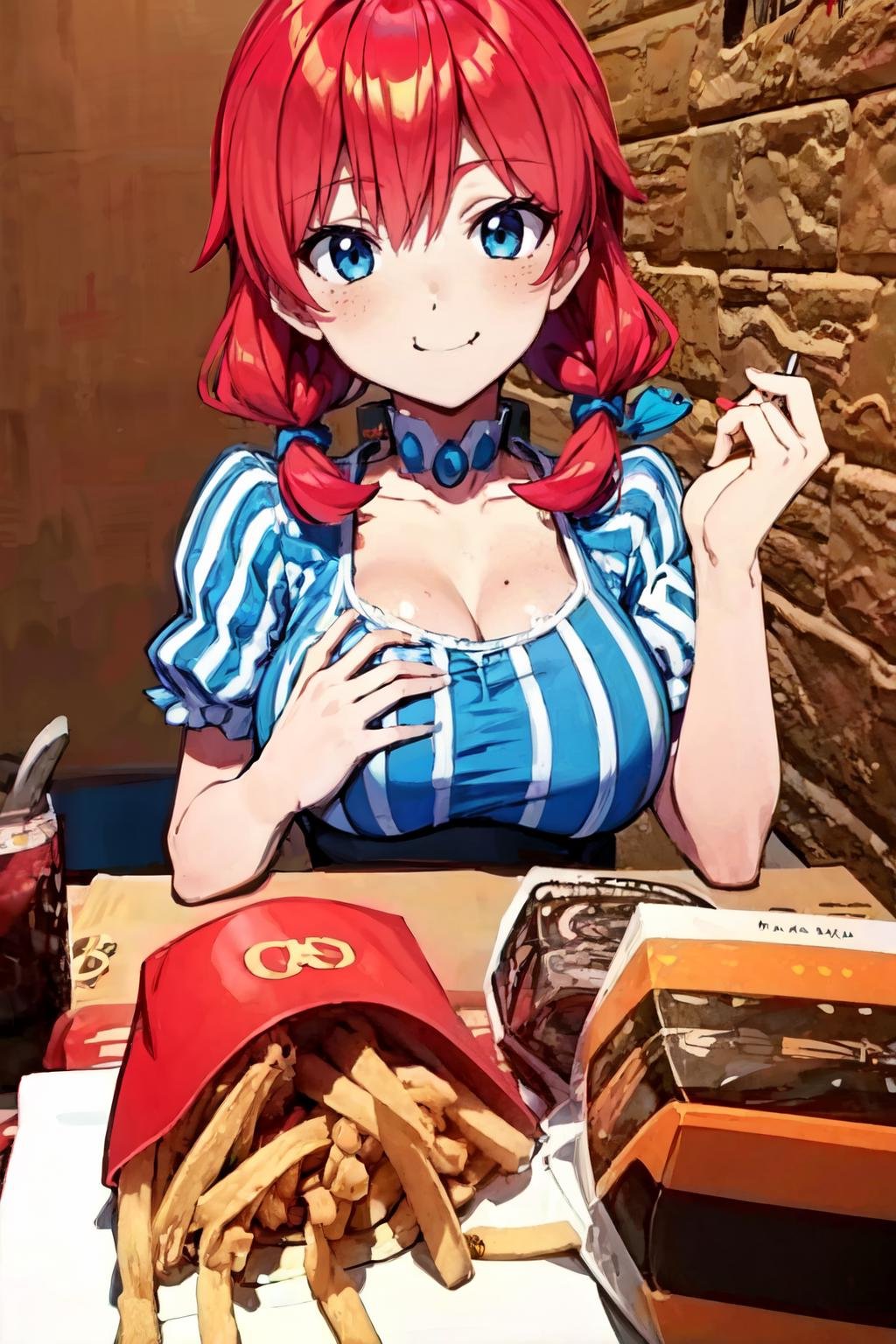 <lora:McDate_with_2D_Waifu:0.7>, McDate_with_2D_Waifu,  anime style, ((masterpiece,best quality)), highres, <lora:Wendy_Wendys:0.8>, wendy (wendys), red hair, blue eyes, blush,  bow, hair bow, sidelocks, smug, striped dress, solo, smile, looking at viewer, large breasts, hidden hands, <lora:more_details:0.5>, <lora:Bold_CAT:0.3>,