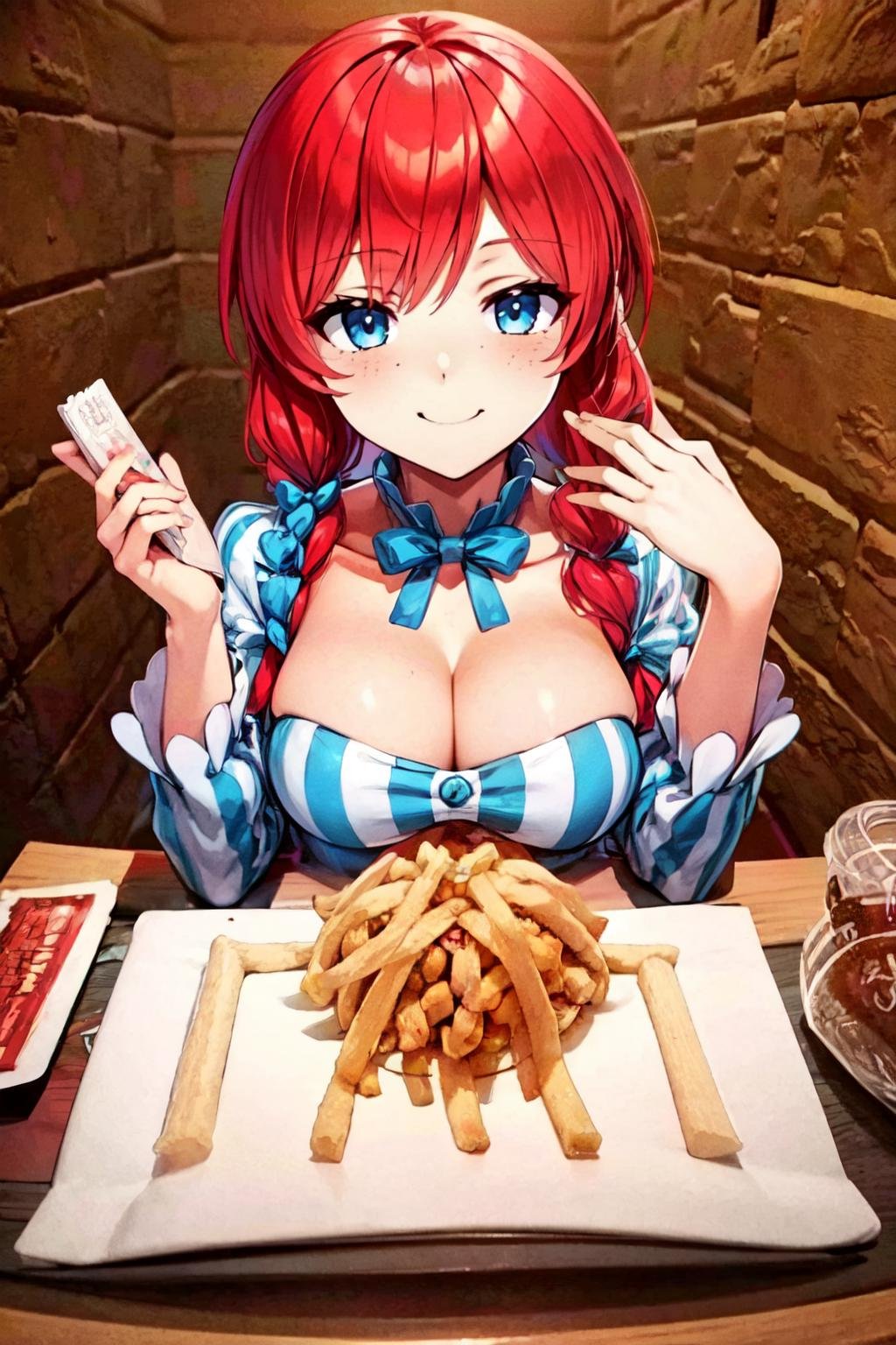 <lora:McDate_with_2D_Waifu:0.7>, McDate_with_2D_Waifu,  anime style, ((masterpiece,best quality)), highres, <lora:Wendy_Wendys:0.8>, wendy (wendys), red hair, blue eyes, blush,  bow, hair bow, sidelocks, smug, striped dress, solo, smile, looking at viewer, large breasts,<lora:more_details:0.5>, <lora:ricegnat_style:0.5>,