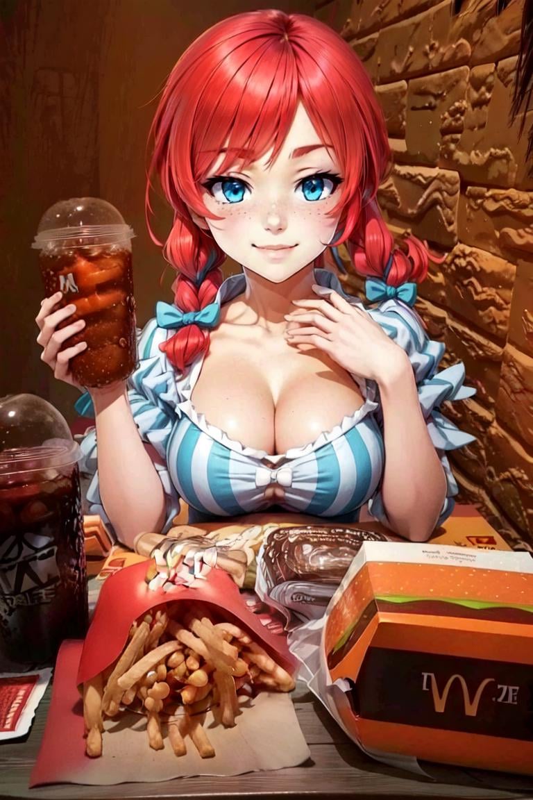 <lora:McDate_with_2D_Waifu:0.8>, McDate_with_2D_Waifu, anime style,((masterpiece,best quality)), highres,<lora:Wendy_Wendys:0.8>,wendy (wendys),red hair, blue eyes, blush, bow, hair bow, sidelocks, smug, striped dress,solo, smile, looking at viewer, cowboy shot, blurry background,, looking at viewer,,, large breasts,<lora:more_details:0.5>,<lora:ricegnat_style:0.5>,