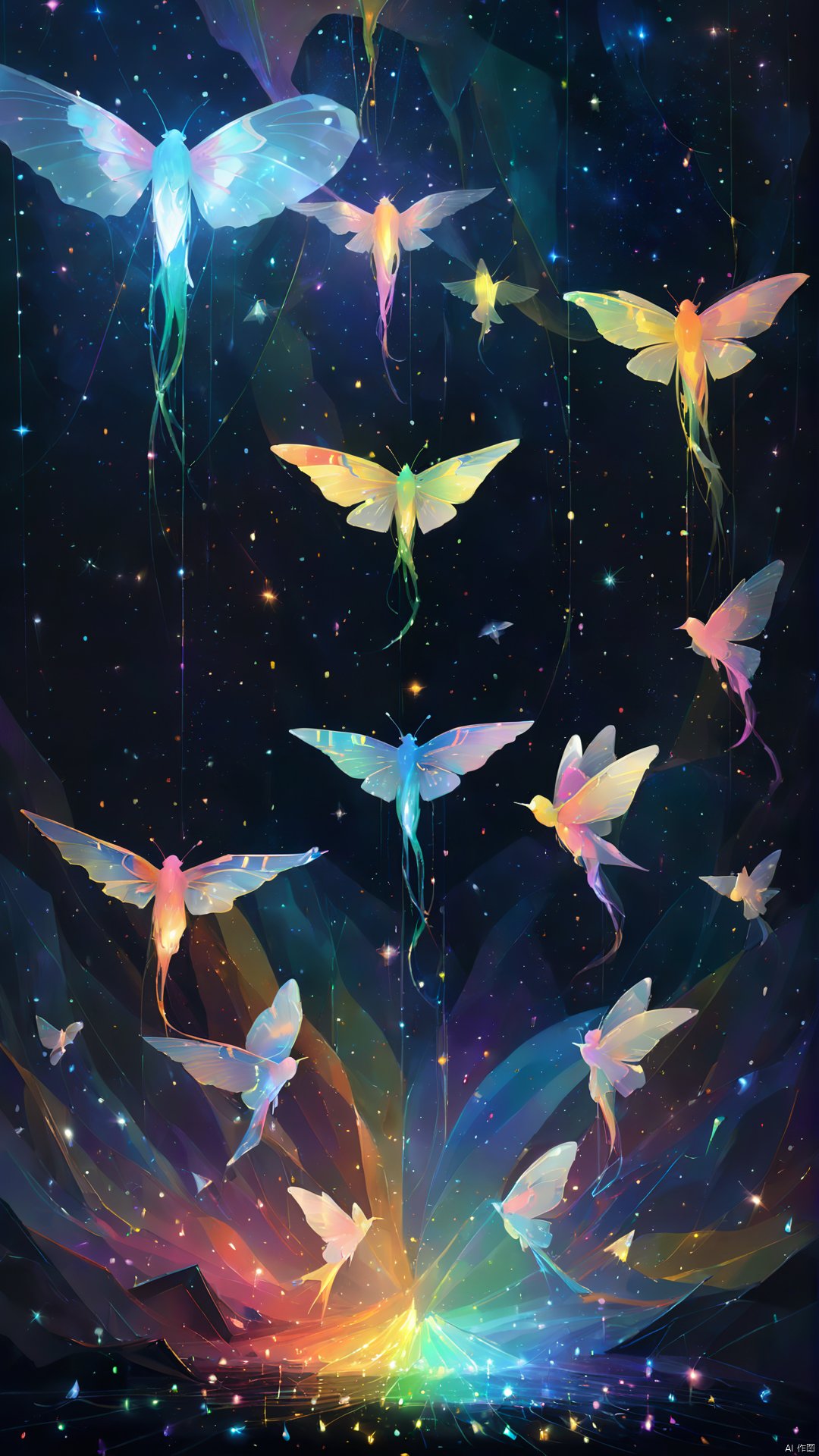  In this strange world, you encounter a group of flying creatures that sparkle with rainbow light, they are made of notes and musical beats, and their flying makes beautiful music. These creatures take you into a vast musical cave where notes dance through the air, creating a feast of light and sound