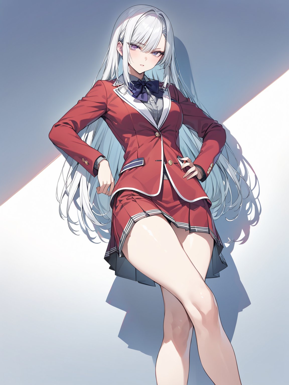 //Character, solo, 1girl, white hair, purple eyes,
//Fashion, school uniform, red jacket, 
//Background, simple background, 
//Quality, (masterpiece), best quality, ultra-high resolution, ultra-high definition, highres, intricate, intricate details, absurdres, highly detailed, finely detailed, ultra-detailed, ultra-high texture quality, natural lighting, natural shadow, dramatic shading, dramatic lighting, vivid colour, perfect anatomy, 
//Others, 