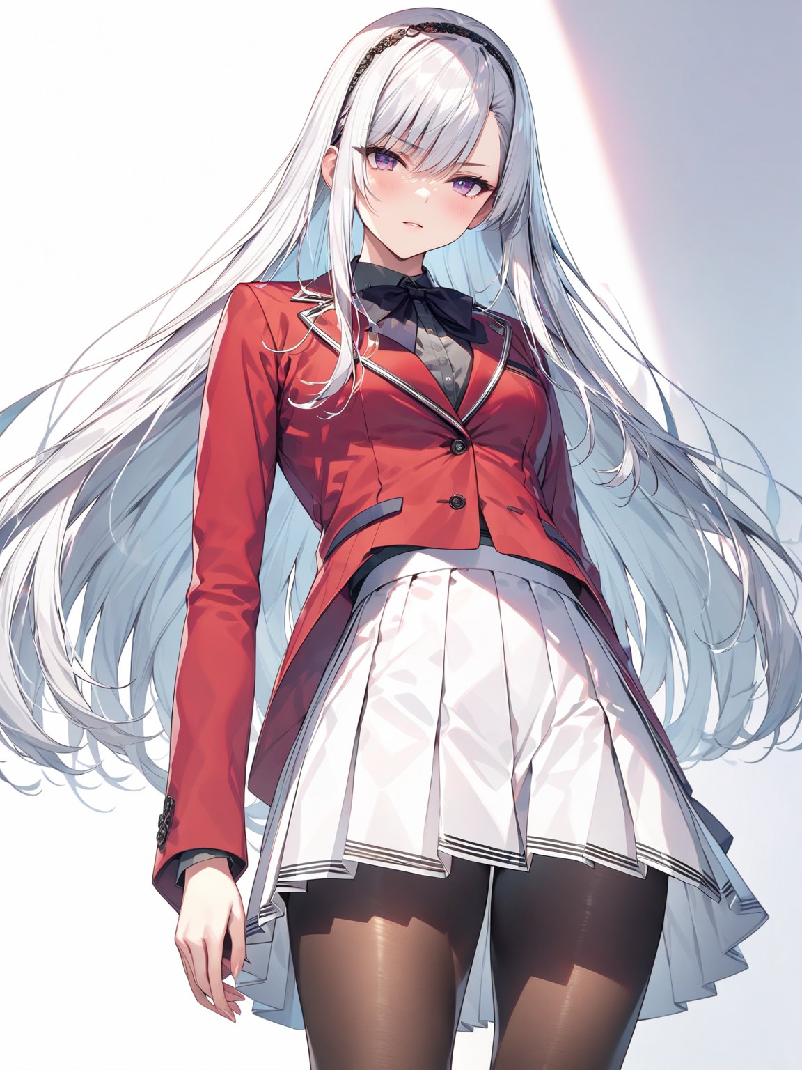 //Character, solo, 1girl, long hair, white hair, purple eyes,
//Fashion, school uniform, red jacket, pantyhose, pleated skirt, hairband,
//Background, simple background, 
//Quality, (masterpiece), best quality, ultra-high resolution, ultra-high definition, highres, intricate, intricate details, absurdres, highly detailed, finely detailed, ultra-detailed, ultra-high texture quality, natural lighting, natural shadow, dramatic shading, dramatic lighting, vivid colour, perfect anatomy, 
//Others, 