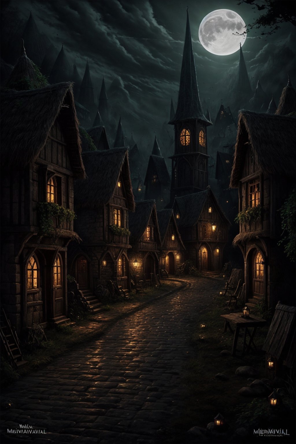 Dark_Mediaval,, no_humans, village, night, outdoor, mediaval, fantasy