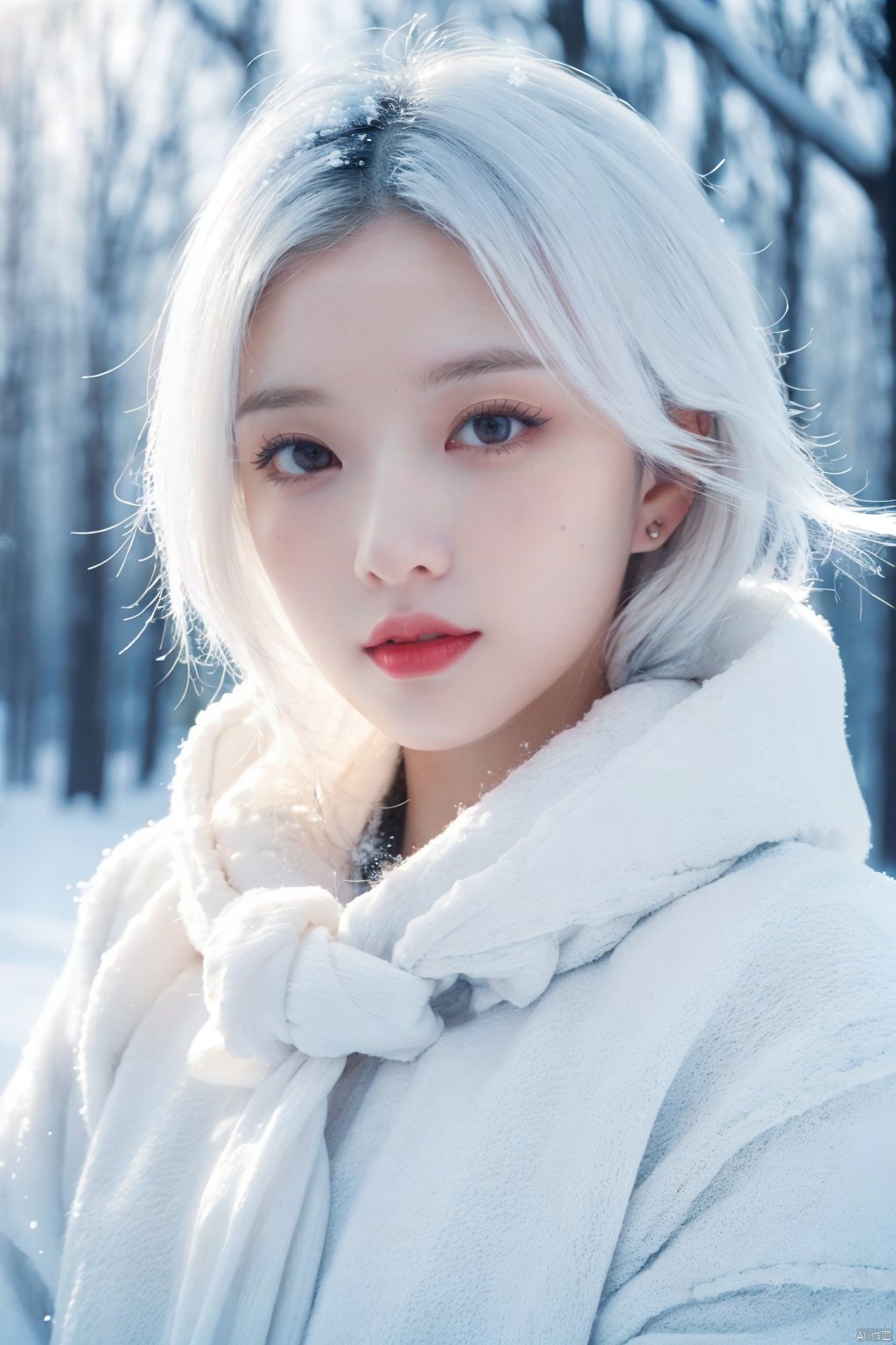  Illustrate a girl with the power of ice, featuring ice-white hair and clothing, set in a snowy landscape. Emphasize (((intricate details))), (((highest quality))), (((extreme detail quality))), and a (((captivating winter composition))). Use a palette of cool blues and whites, drawing inspiration from artists like Artgerm, Sakimichan, and Stanley Lau,midjourney exhibitionism,