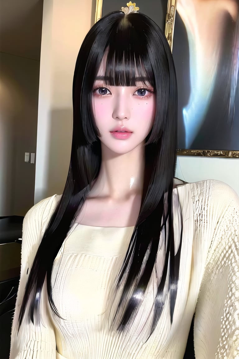 , (photorealistic:1.4), (RAW photo)   ,((ultra detailed,detailed face,detailed eyes,detailed skin,shiny skin):1.4),detailed background,(8k, best quality, raw photo),(masterpiece:1.4),(high resolution:1.4),((masterpiece, best quality, detailed CG, 8k wallpaper, highres):1.2)ultra-detailed,extremely detailed and beautiful,extremely detailed faces,japanesemasterpiece, 8k, ultra detailed, ultra high res, (realistic, photo-realistic:1.4),((Korean idol, japanese idol, japanese actress,korean model,)),(svelte:1.4), (deep black eyes:1.4) ,black straight long hair,realistic, masterpiece, original photo, surreal, best quality, 8k ultra hd, detailed background, extremely detailed, intricate details, professional, brunette, perfect eyes, seductive eyes, beautiful detailed Eyes, bright_pupils, perfect hands, detailed fingers, realistic breasts, thin waist, thin legs,blunt bangs,White skin,thin eyebrows,very long hair, white girl,Block Cut hair style, 
表情：smile, 
攝影方向:,(upper_body shot: 1.4) 
地點：, (livingroom:1.4),
動作：, standing,show the body, hime_cut hair style,long hime cut hair style, japan hime cut long hair style, 
內衣設定：white maxi oversize t-shirt,
Lora：,Hime_cut hair style